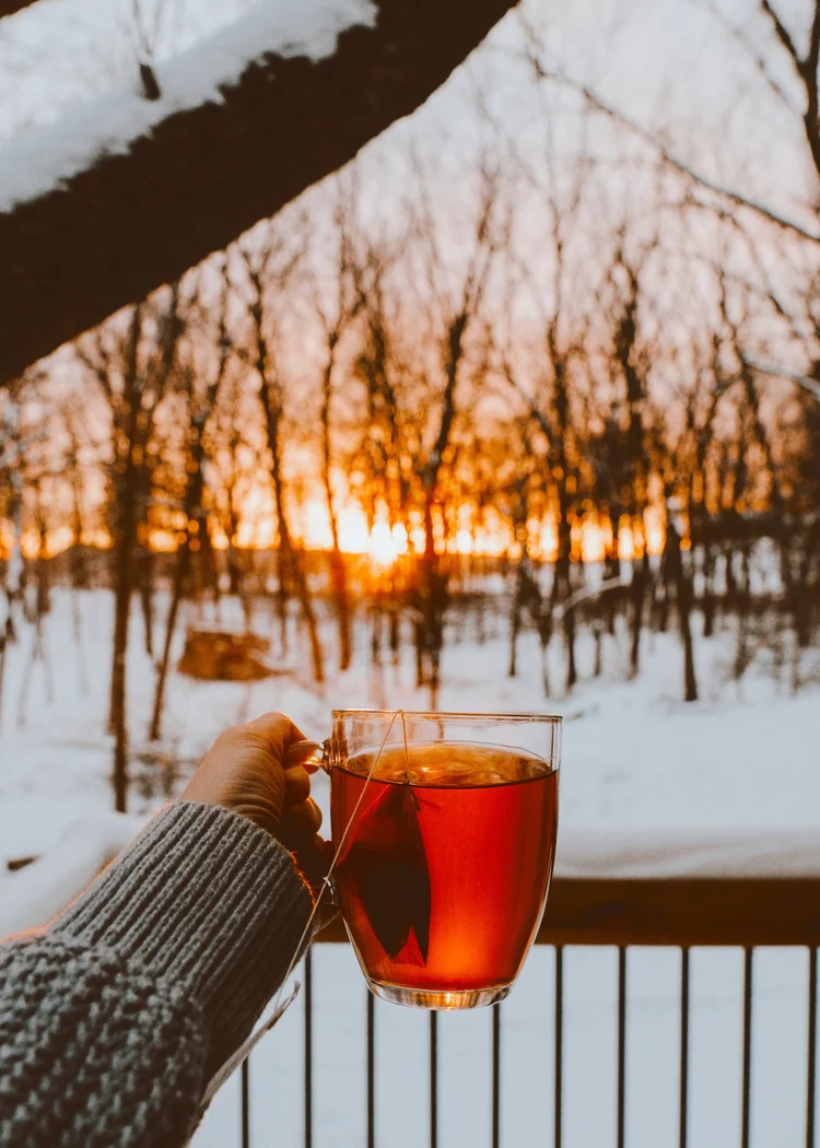 雪と夕焼けを背景にホットティーを持つ女性の手
